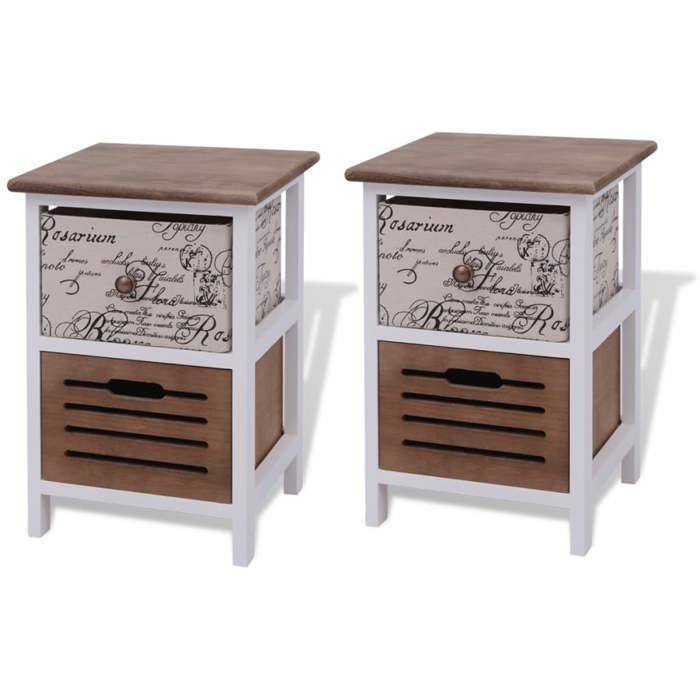 Table de chevet en bois - GKO - Lot de 2 - 30x28x46 cm - 2 tiroirs - Style rustique - Multicolore