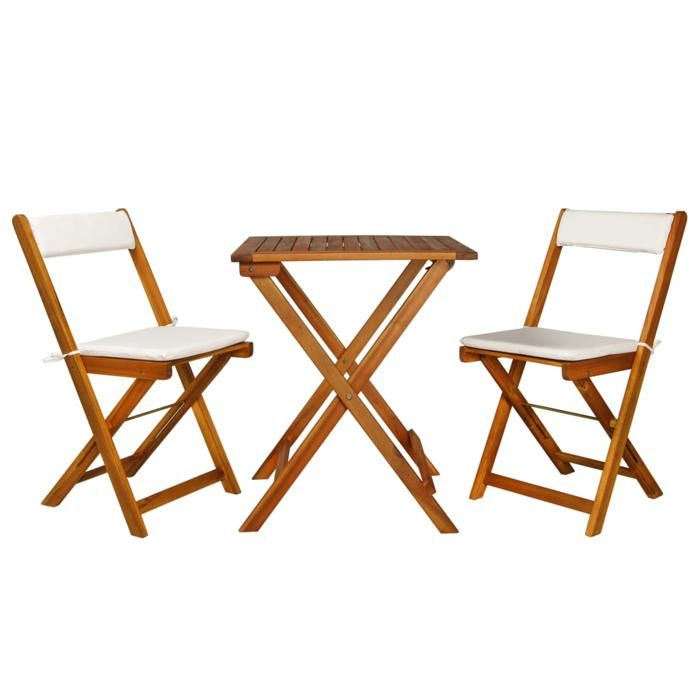 Ensemble de bistro pliable - BURKE - 3 pièces - Acacia solide - 60x60x73 cm table - 40x53x80 cm chaise - Coussins inclus