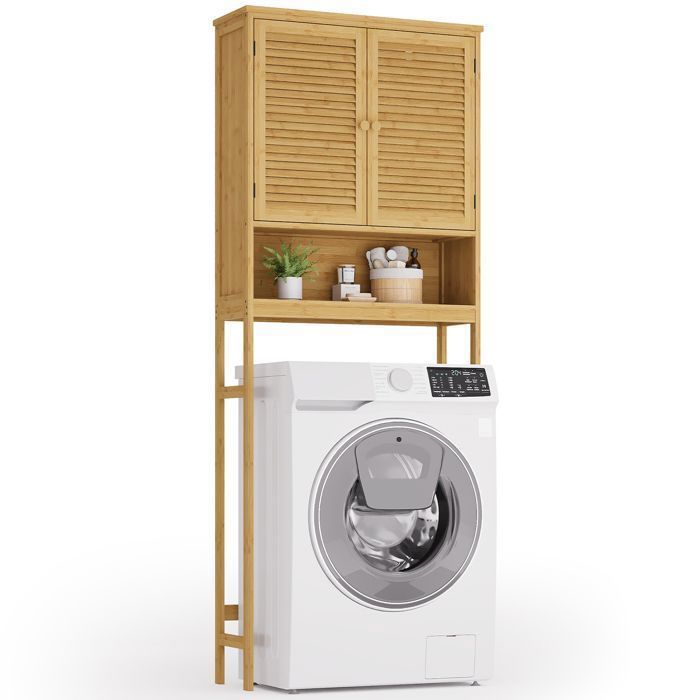 Meuble Machine à Laver - Bealife Colonne Salle de Bain pour WC - 2 Portes - 1 Étagère Ouvert - Étagère Réglable - 66x170 - Nature