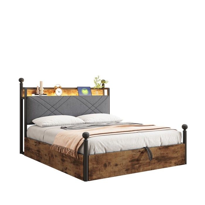Lit Double 140x190 cm Fer Forgé Noir avec Rangement Hydraulique Baldaquin LED USB Type-C et Montants Amovibles Sans Matelas