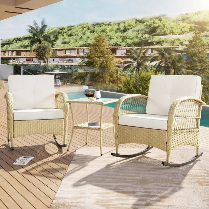 Ensemble de Balcon en Rotin (3 Pièces) Fauteuils à Bascule avec Coussins Beige Capacité 160 kg. Design Élégant pour Extérieur.