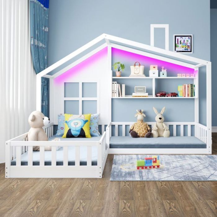 Lit Enfant Maison avec Lumières LED Bois Massif Étagères de Rangement Design Ludique avec Cheminée pour un Sommeil bl LIT EVOLUTIF