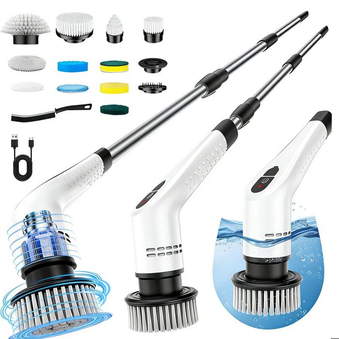 Brosse de Nettoyage électrique Rotative sans fil 2 Rglages et 3 rglages dangle 12 Têtes de Brosse Remplaçables Extension RéGlable