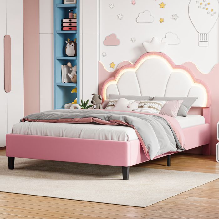 Lit enfant 140x190 cm blanc+rose velours lit princesse avec tête de lit couronne LED cadre nuage et sommier à lattessans matelas