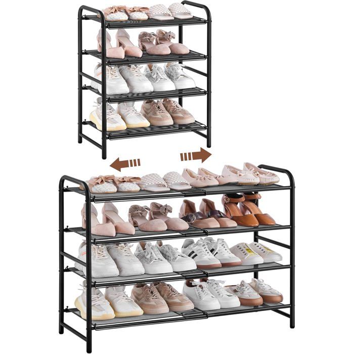 Étagère À Chaussures Extensible 4 Niveaux 50-84 5 Cm Rangement Chaussures En Maille Métallique Pour 15–20 Paires Gain De Place(Noir