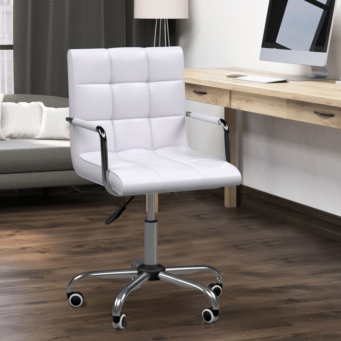 Chaise de bureau - Rétro - Similicuir blanc - Hauteur réglable 50–65 cm - 5 roulettes