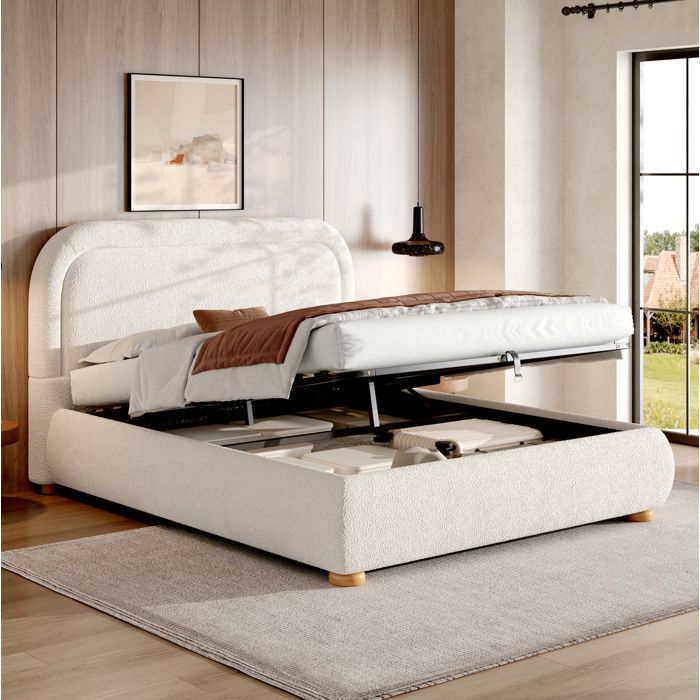 WOVREO Lit double 160 x 200 cm en bouclette blanche sommier coffre hydraulique tête de lit rembourrée lattes inclus