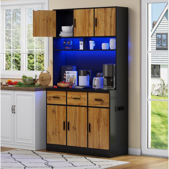 WOVREO buffet de cuisine 100 x 40 x 180 cm avec LED 3 tiroirs 6 portes prises USB noir et naturel