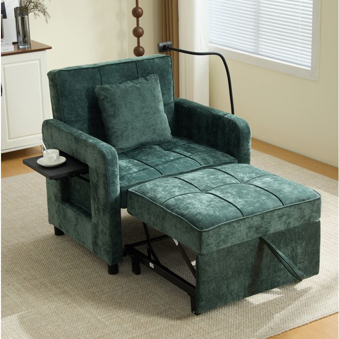 Fauteuil Convertible Fauteuil Relaxation 2 en 1 Dossier Réglable 5 Positions Tablette Rangement Chenille Verte 79 × 83 × 167 cm