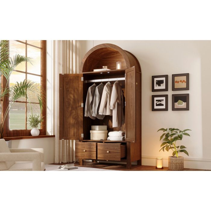 Armoire de chambre 78 x 45 x 181 cm finition noyer avec cannage rotin 2 portes 2 tiroirs et tringle