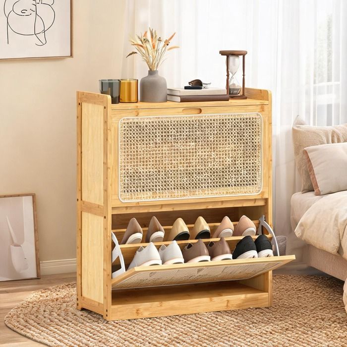 Armoire à chaussures gain de place 14 paires 2 tiroirs rabattables bambou et rotin étagères réglables 69x29x83 cm bois naturel