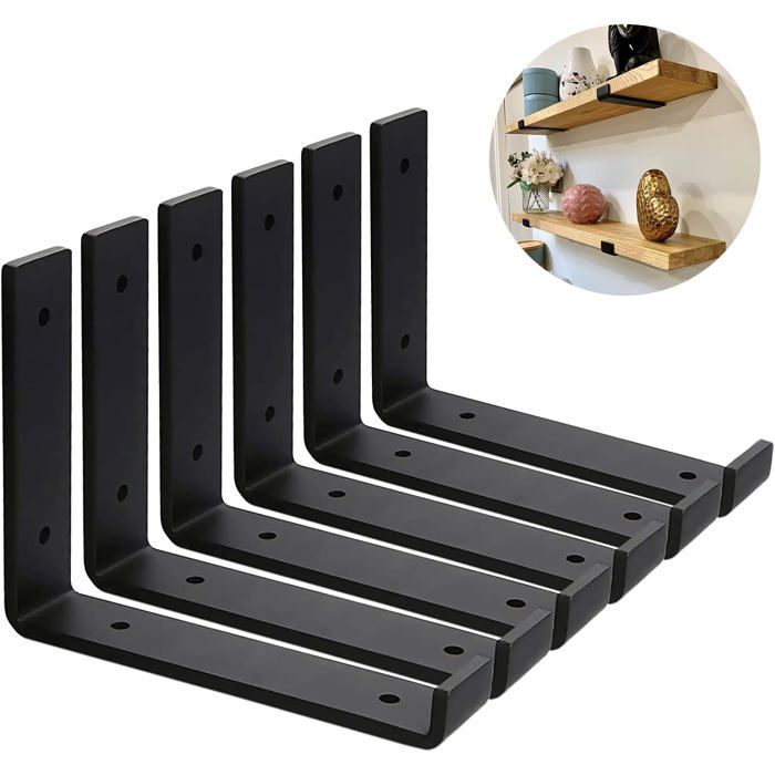 Équerre murale en L acier noir 20 cm 5 mm - Lot de 6 supports étagère