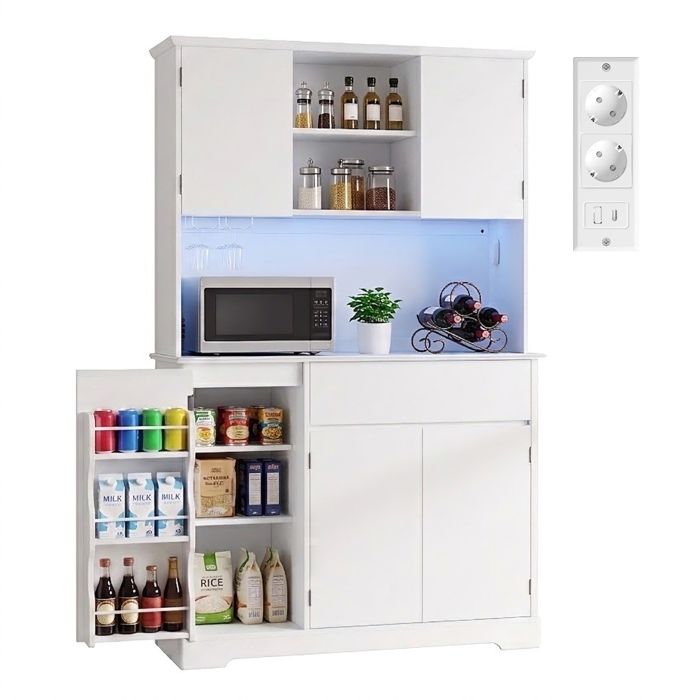 Buffet Haut Cuisine - Bealife - 5 Portes - 1 Tiroir - 3 Niches - Étagère Réglable - Armoire Hauteur 170 cm - Meuble Rangement Blanc