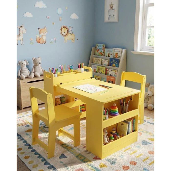 Table dactivité multifonction pour enfants 2 chaises et grand de rangement dessin peinture lecture et apprentissage Jaune
