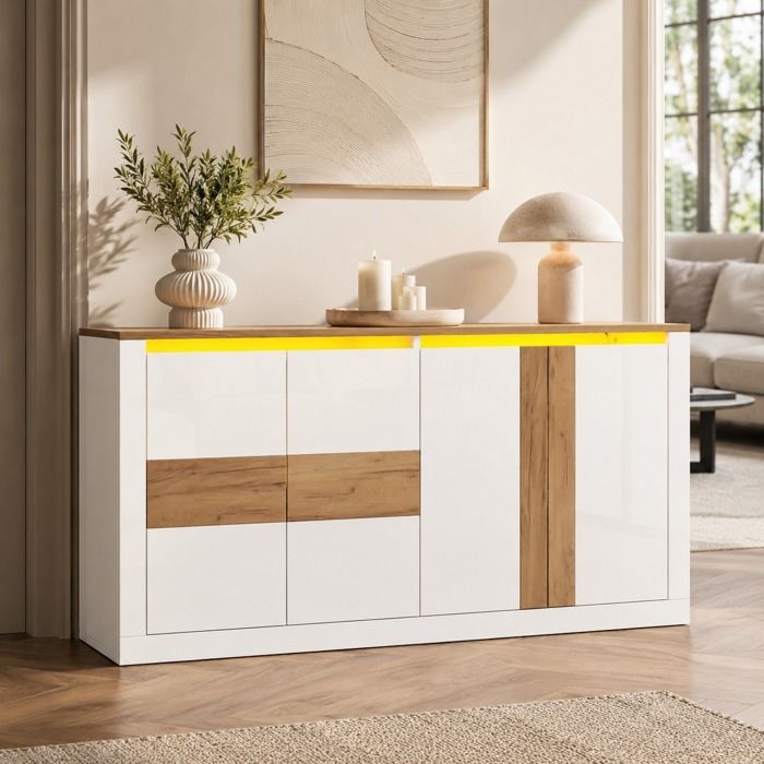 Buffet moderne Buffet bahut eclairage LED Buffet de salon avec 4 portes Armoire de Cuisine