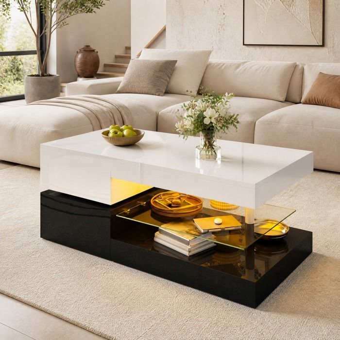 Table basse LED moderne 90x45x35 5 cm commande APP et Bluetooth plateau en verre finition brillante TYNQER