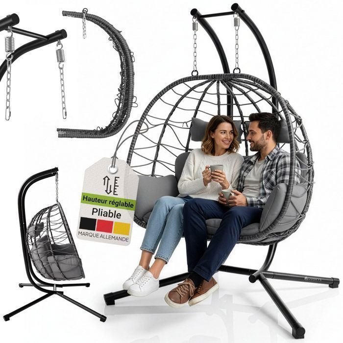 Fauteuil suspendu double Juskys en polyrotin gris – 2 personnes – Support et coussins inclus