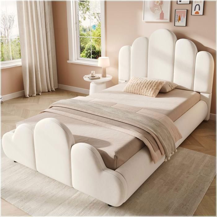 Piaenon - Lit capitonne enfant 90x200 cm lit simple avec nuage coins arrondis et tete rembourree - Velours - Beige