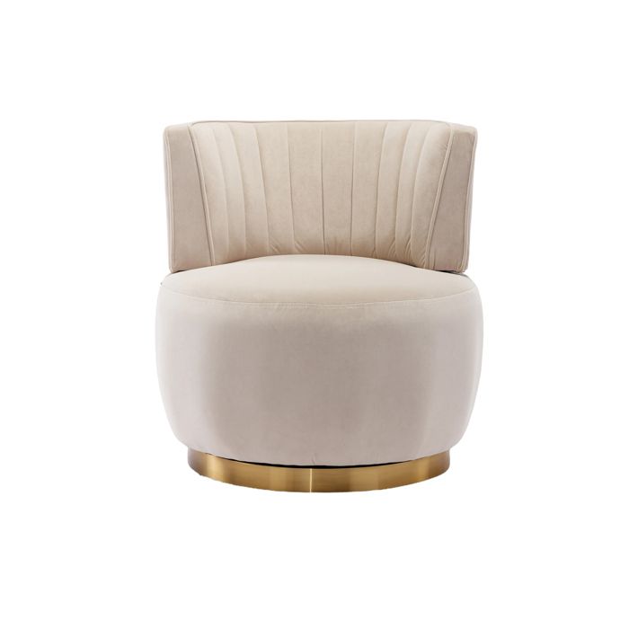 Fauteuil tonneau pivotant 360° en velours beige dossier enveloppant et assise en mousse