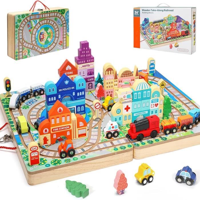 Train en Bois Jouet Enfant 3 Ans Circuit Voiture Enfant Circuit Train Bois  Jouets en Bois Assemblage Chemin de Fer Jeux Cadeau