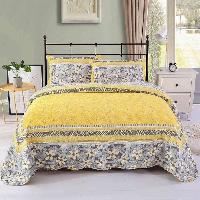 ZGEER Dessus de Lit -  - Fleur Jaune - 100% Coton - 230x250cm - Lavable 