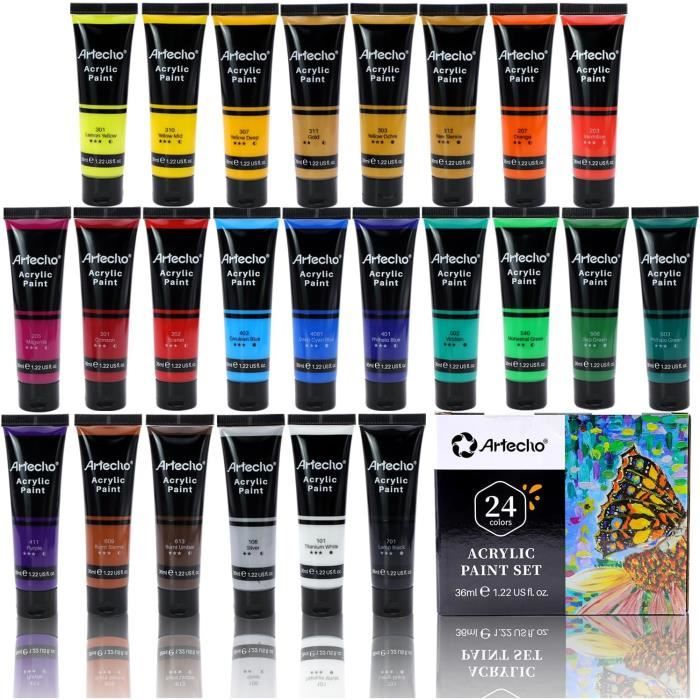 Lot de 24 peintures acryliques de 36 ml - Imperméable et résistant à la