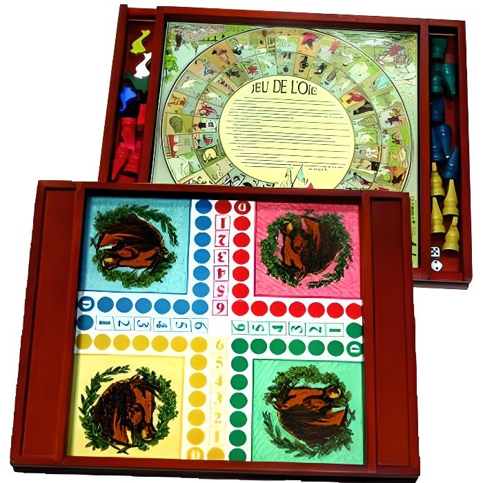 Jeu de plateau - Plumier - Petits chevaux et jeux de loie en bois