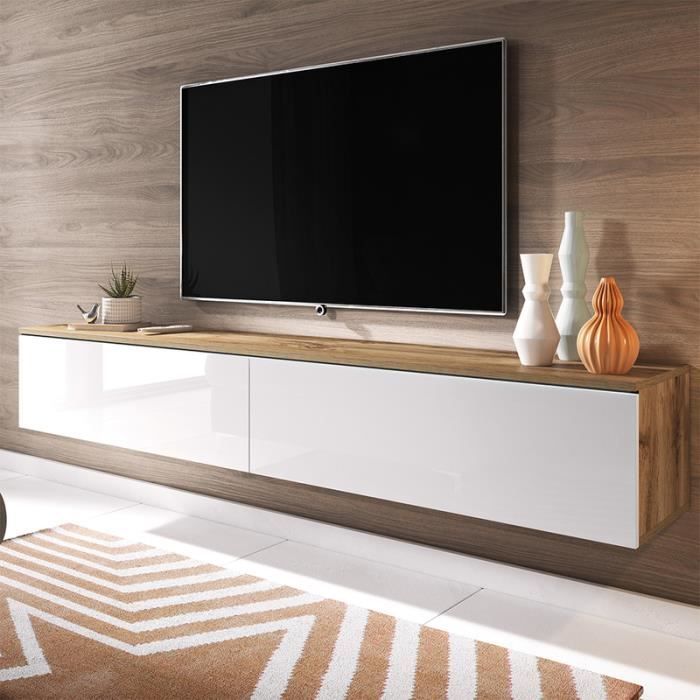 Meuble TV Kalva 180 cm avec une cheminée électrique, blanc brillant à  lattes - Selsey