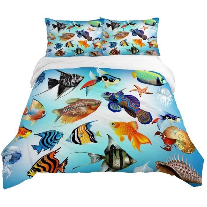 Housse de Couette 220x240 cm Vie Marine, Poissons Parure de Lit