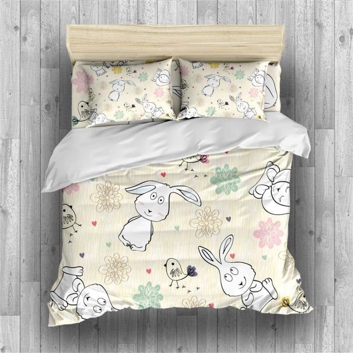 Housse De Couette Lapin - Microfibre Douce 135x200 Cm Avec Taie D'Oreiller - Parure De Lit Saisons