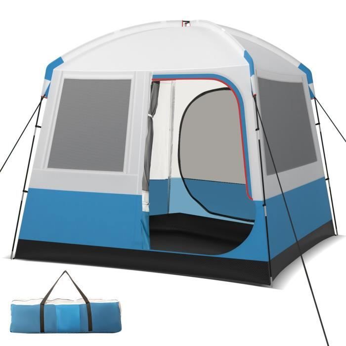 COSTWAY Tente de Camping Portable 5 Personnes 248 x 248 x 230 cm-Polyester Imperméable-2 Porte3Fenêtres-Poteaux en Fibre de Verre
