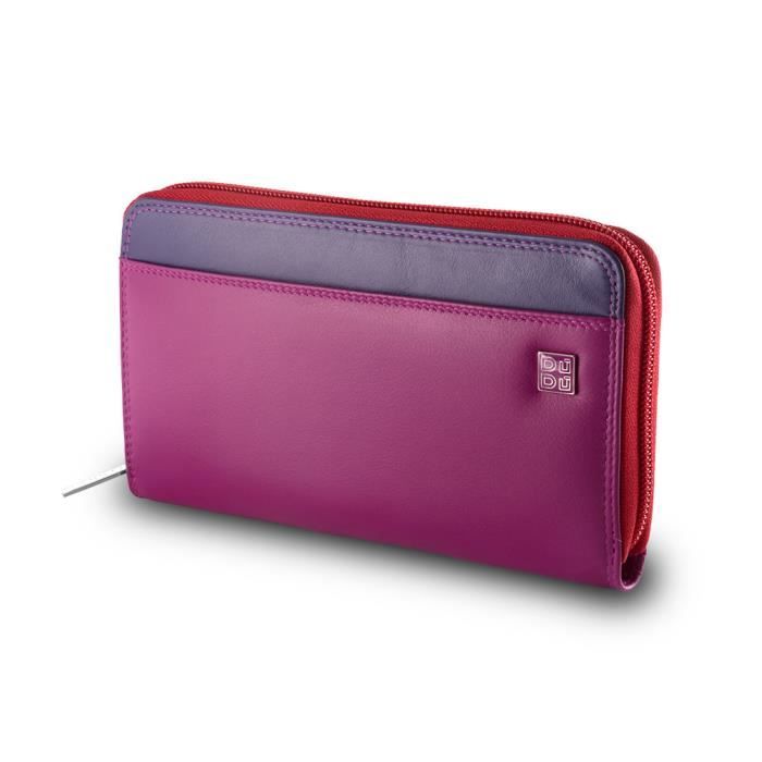 DUDU Grand portefeuille pour femme en cuir v&eacute;ritable color&eacute; fermeture &eacute;clair circulaire  Fuchsia 