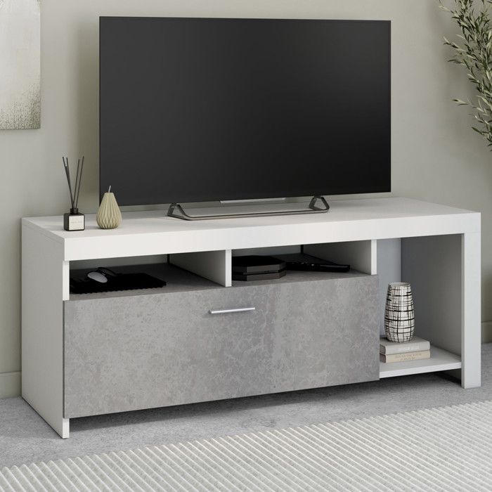 Meuble TV 140 Cm MALO - Blanc Et Bois - Avec Placard Et Niches - Style Contemporain