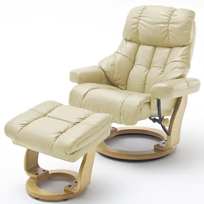 fauteuil relax clairac xl assise en cuir crème pied en bois naturel avec repose pied blanc cuir inside75