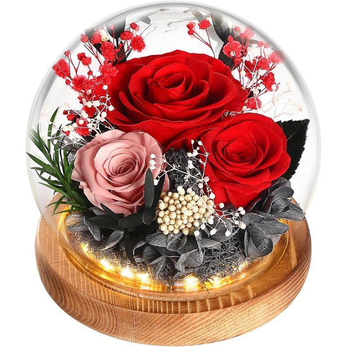 Rose éternelle dans un verre cadeau de fête des mères pour maman rose dans un verre avec LED dans un dôme en verre FLEUR STABILISEE - Maison Rose éternelle dans un verre cadeau de fête des mères pour maman rose dans un verre avec LED dans un dôme en verre FLEUR STABILISEE - Maison