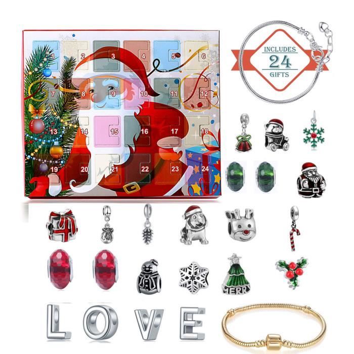 Calendrier de l'Avent Bijoux Noël 2022, Compte à rebours pour les filles  enfants avec 22 perles de charme bricolage et 2 bracel