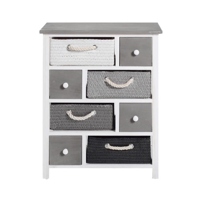 Mobili Rebecca Armoire Commode 8 Tiroirs Bois Osier Blanc Gris