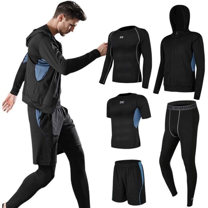 Ensembles De Sport de Suduation de Fitness Vêtements Entraînement Séchage Rapide Respirant Course à Pied pour Homme 5 pcs Bleu
