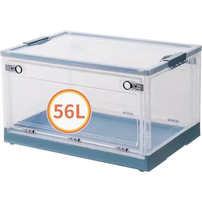 4 Boîtes Rangement Pliables 71L - Transparentes, Avec Porte & Roulettes - Empilables