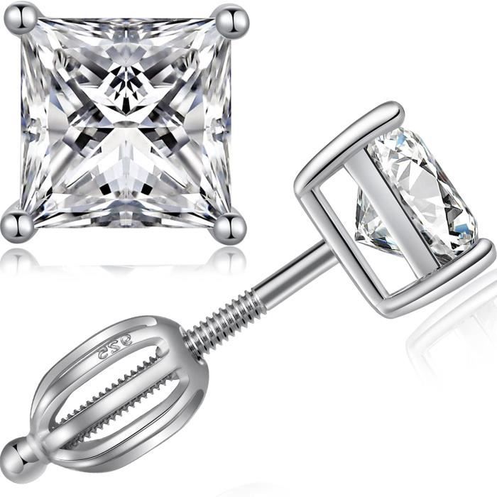 Boucles D'oreilles Clous Princesse En Or Blanc 14 Carats - Zircone Cubique 6 Mm, Dos à Vis, Neuf Avec étiquettes