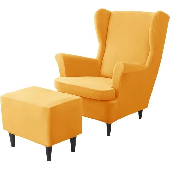 Highdi Housse De Fauteuil à Oreilles 2 Pièces Extensible Velours Vert Foncé + Housse Ottomane Et Coussin