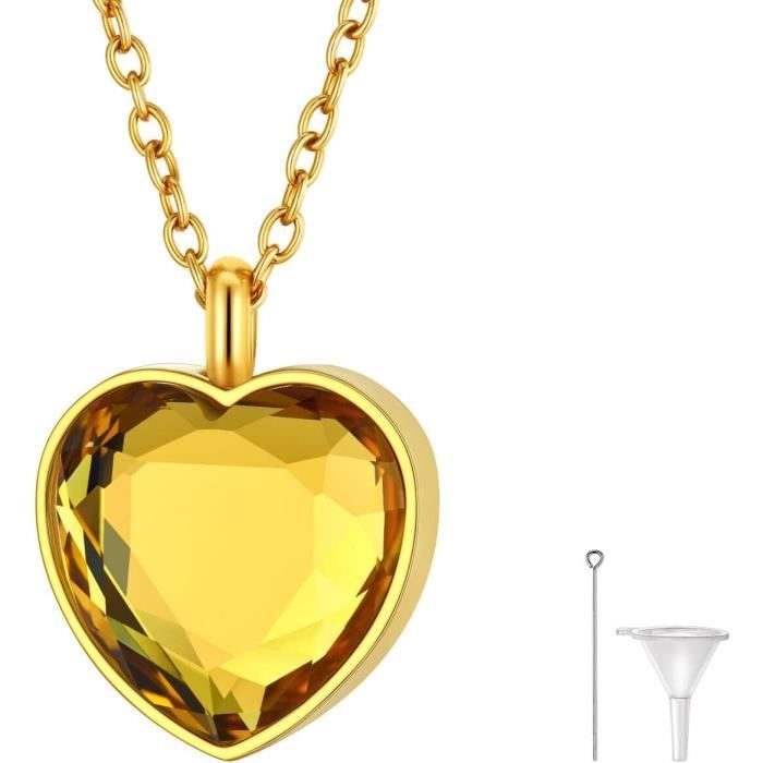 Pendentif Coeur En Verre Jaune - Collier Urne Crémation / Flacon Parfum / Photo