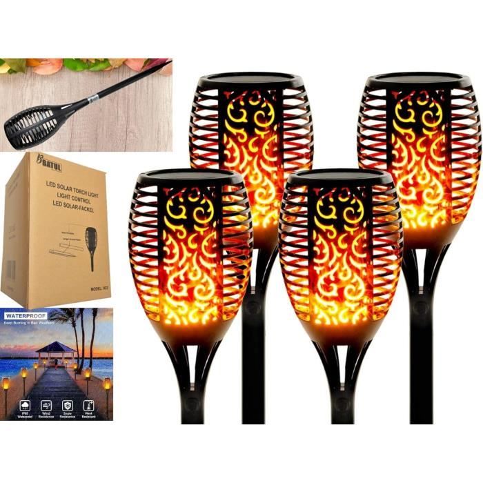 Lot De 4 Torches Solaires Effet Flamme LED - 64,5 Cm - Autonomie 16h - Blanc Chaud - Pour Jardin, Allée