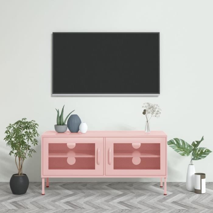 Meuble TV - VIDAXL - Rose - 105x35x50 cm - Acier - 2 portes en maille