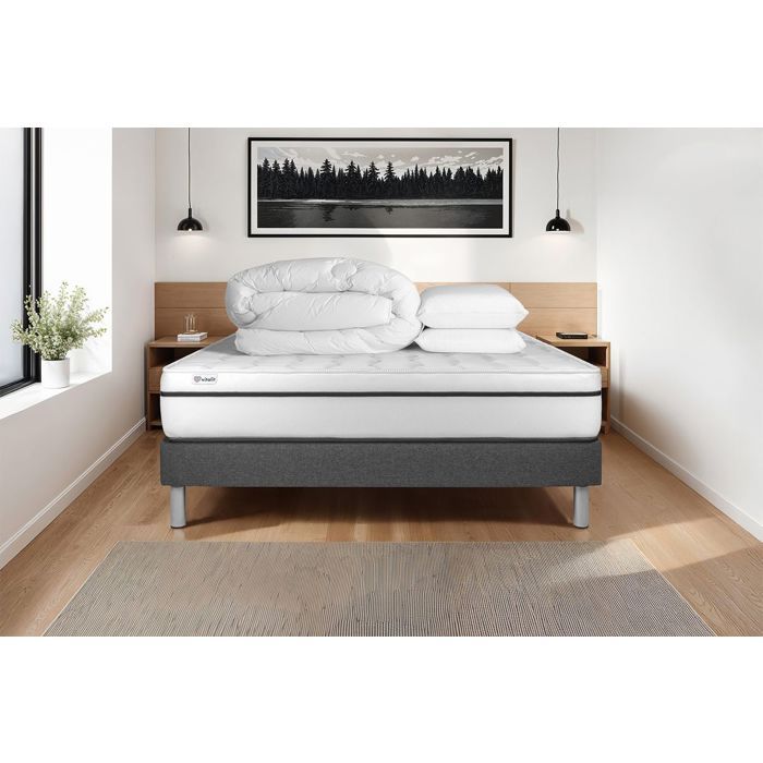 Pack lit complet 140x190 cm - Matelas + Sommier Gris (en kit) + 2 oreillers + Couette - Vital Spa Gris