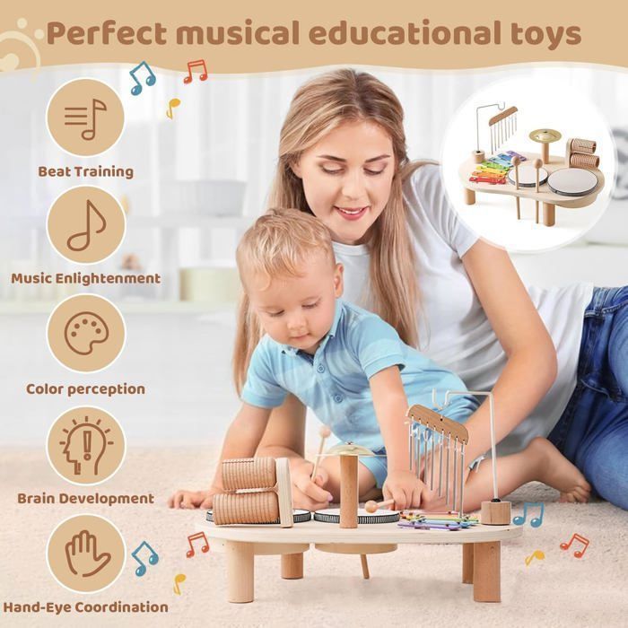 Apritsce Tambour Jouet Bebe, Instrument de Musique Bebe, Bois Batterie Enfant, Jouets De Percussion Bébé Xylophone, Montessori Ensemble de Batterie Enfants Jouets Fille Garçons 1-3 Ans | Votre wishlist sur