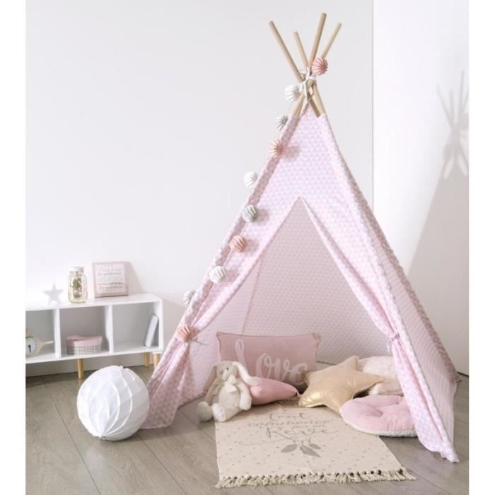 HOMCOM Tente tipi pour enfant en coton polyester et bois de pin grande  tente 120 x 120 x 155 cm blanc multicolore pour intérieur extérieur