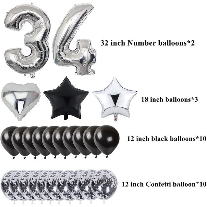 Ballon Chiffre 34 Ans Noir & Or Bouquet * Hooray 34 Ans Anniversaire  Décoration Set de