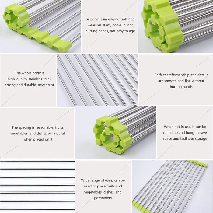 Gearmax Égouttoir Grille Séchage Acier Inoxydable 23x48cm Vert Pomme - Enroulable Et Compact