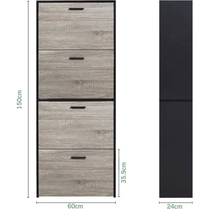 Meuble à Chaussures étroit Avec 4 Portes Battantes - Blanc, 24x100x99 Cm - Jusqu'à 24 Paires - Pour Couloir, Entrée - Avec Tiroirs